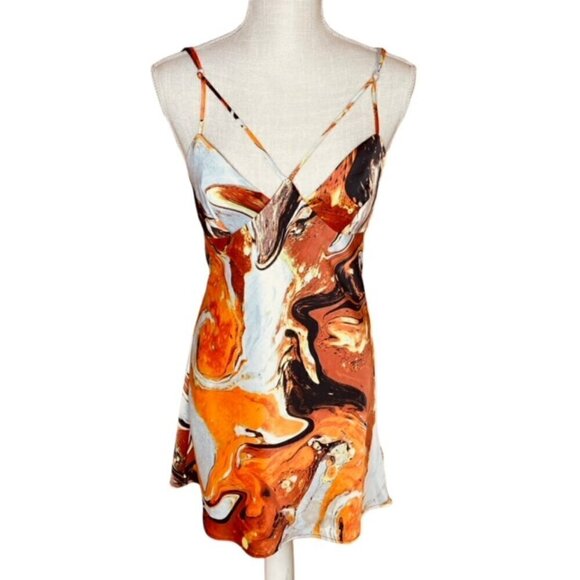 URBAN OUTFITTERS Pretty Please Silky Cut Out Mini Dress in Warm Toned Marble NWT - Picture 3 of 9